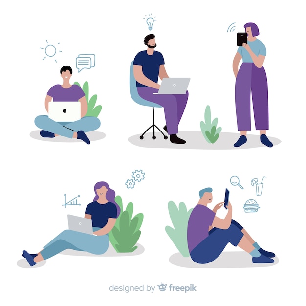 Free vector simple young people using technological devices