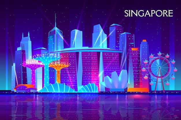 Free vector singapore city night skyline cartoon