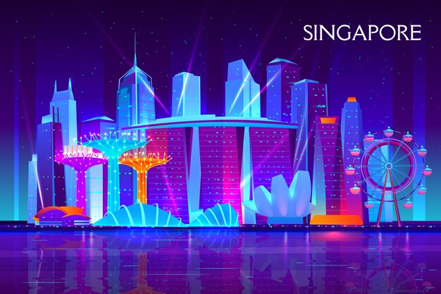 Singapore city night skyline cartoon 
