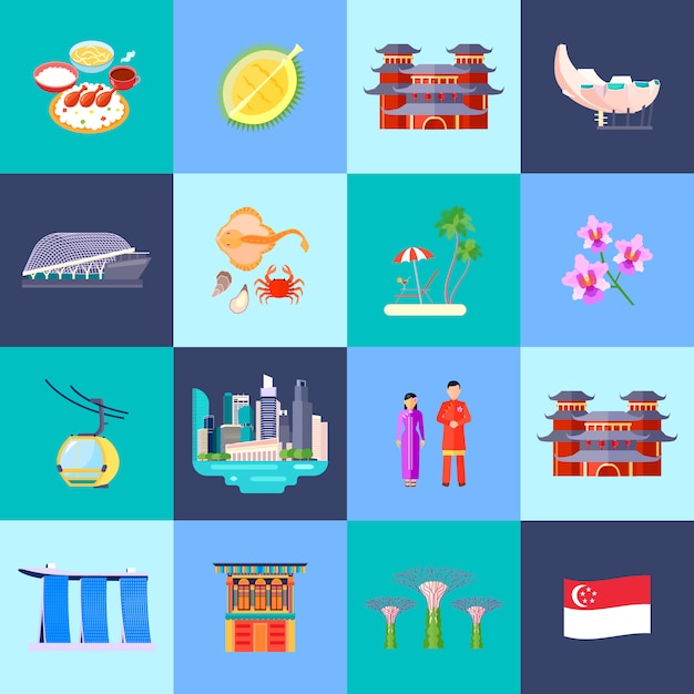 Free vector singapore culture colored flat icon set with main attractions in little circles vector illustration