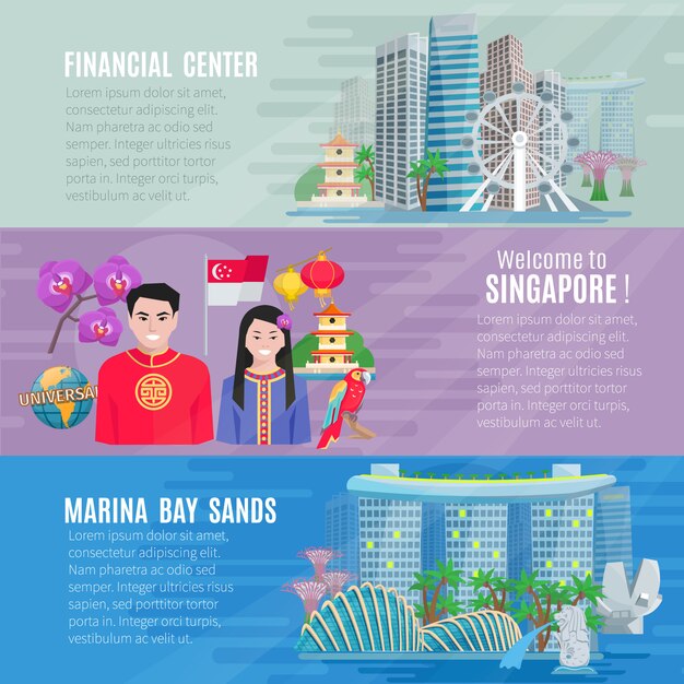 シンガポールの旅行者のための文化金融ビジネスセンターで設定された3つの平らな水平方向のバナー