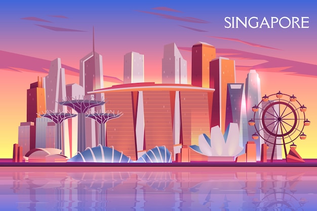 Бесплатное векторное изображение Сингапурский вечер, утренний горизонт с футуристическими небоскребами на городской бухте с подсветкой