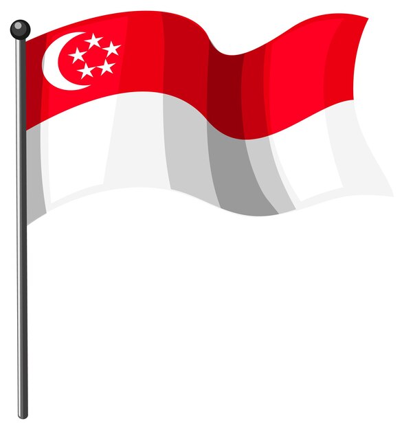 Singapore flag with pole in cartoon style isolated on white background