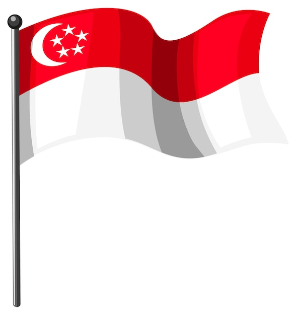 Флаг сингапура с полюсом в мультяшном стиле, изолированные на белом фоне