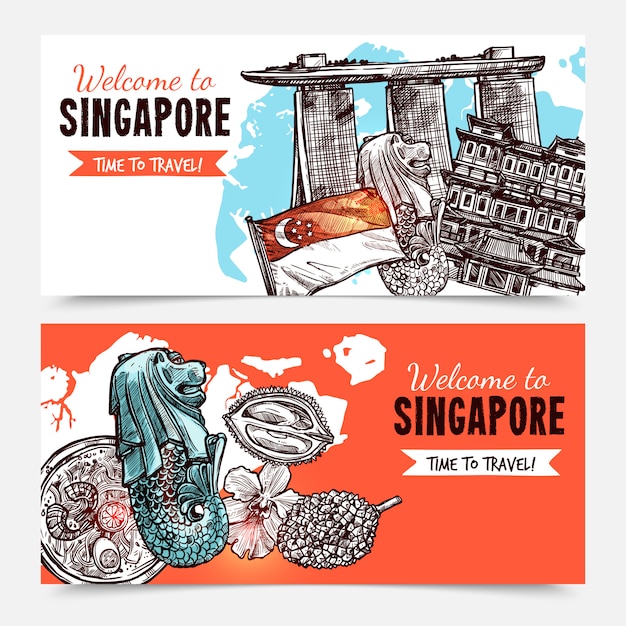 Vettore gratuito bandiere di schizzo disegnato a mano di singapore