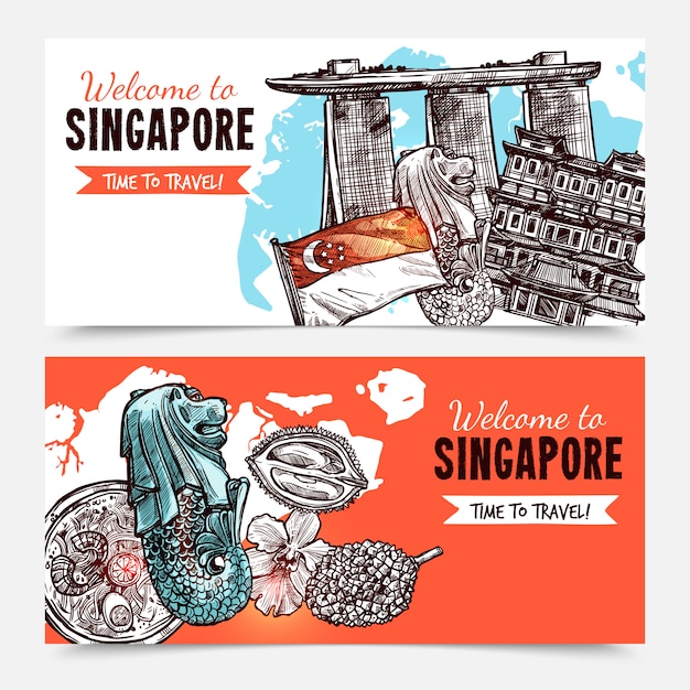 Singapore Hand Drawn Sketch Banners