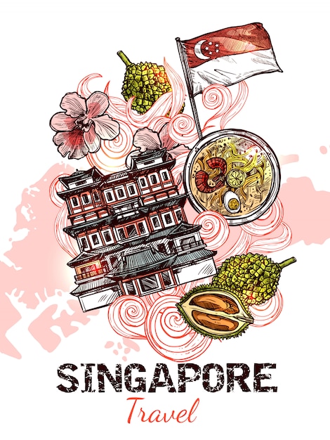 Singapore hand drawn sketch poster