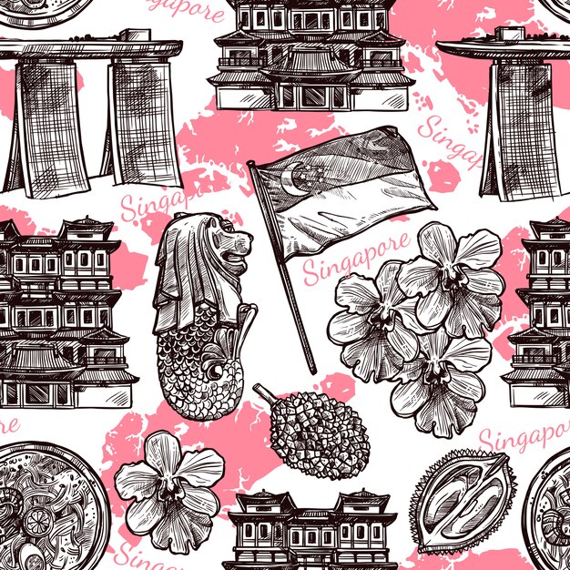 Singapore Hand Drawn Sketch Seamless Pattern