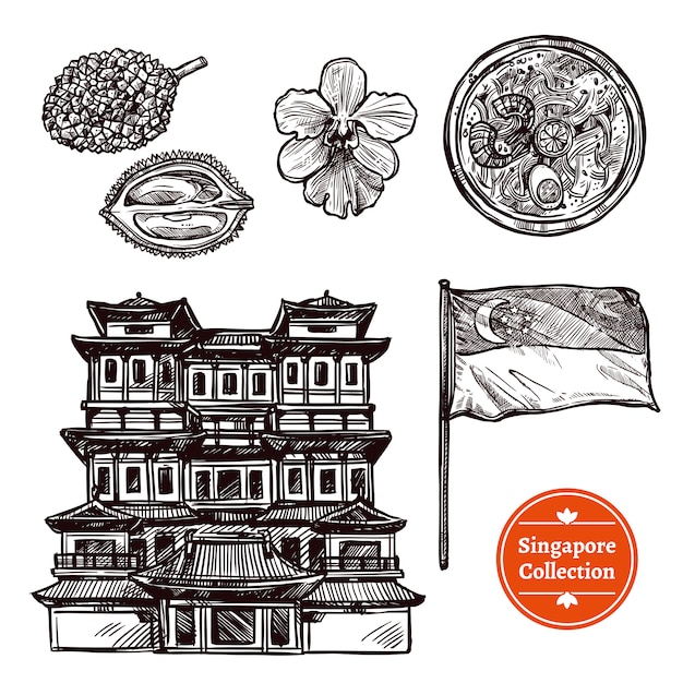 Singapore hand drawn sketch set