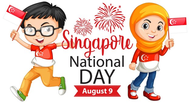 Singapore National Day banner with children hold Singapore flag cartoon character