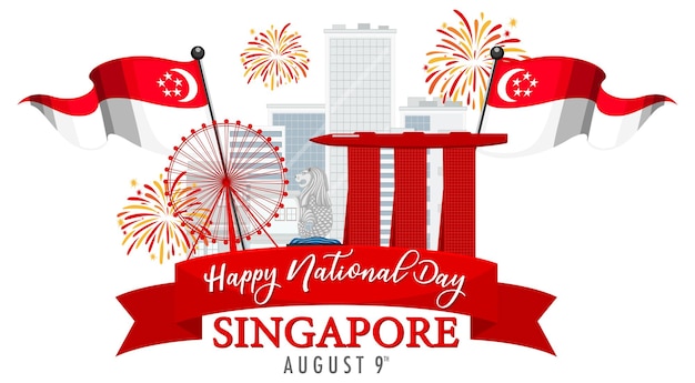 Vettore gratuito bandiera della festa nazionale di singapore con marina bay sands singapore