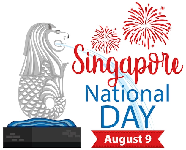 Bandiera della festa nazionale di singapore con punto di riferimento merlion di singapore