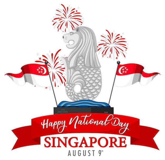 シンガポールのマーライオンのランドマークとシンガポール建国記念日のバナー