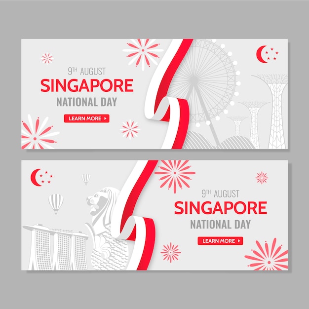 Бесплатное векторное изображение Набор баннеров национального дня сингапура