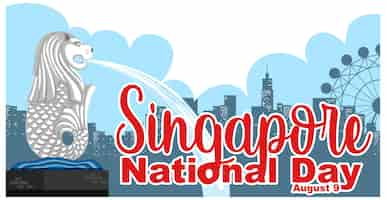 Free vector singapore national day font banner with merlion landmark of singapore