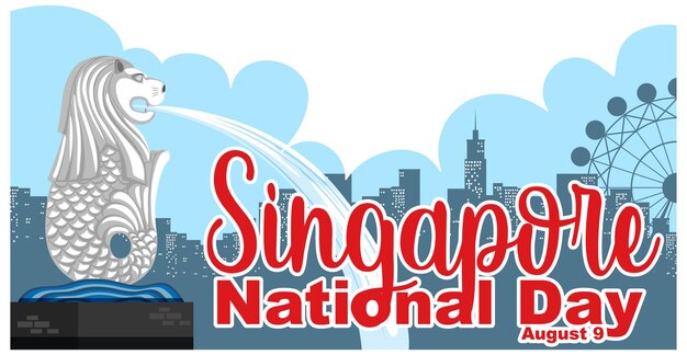 Баннер шрифта Национального дня Сингапура с достопримечательностью Сингапура Мерлион