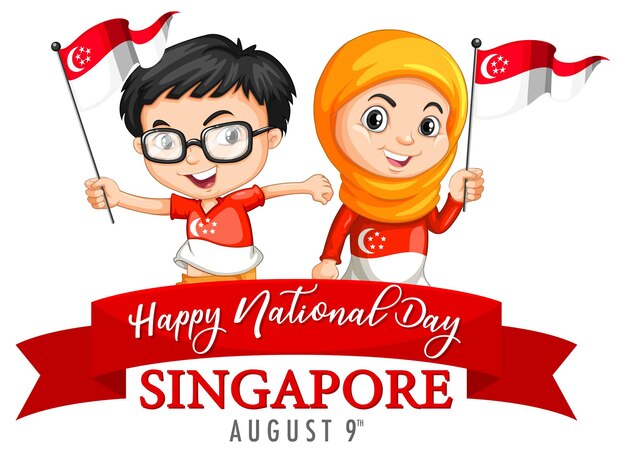 아이들과 함께하는 싱가포르 국경일 싱가포르 국기 만화 캐릭터를 들고