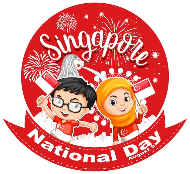 Singapore National Day with children hold Singapore flag cartoon character