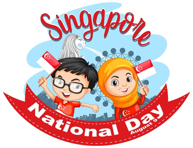 Национальный день Сингапура с детьми держит сингапурский флаг мультипликационного персонажа