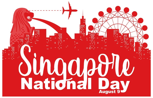 Free vector singapore national day with many famous singapore landmarks