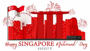 Free vector singapore national day with marina bay sands singapore and fireworks