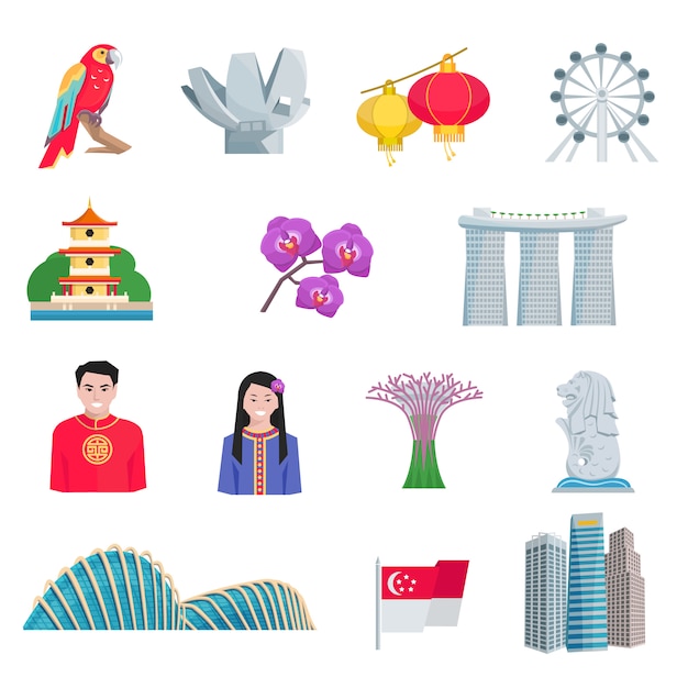 Singapour culture flat icons set