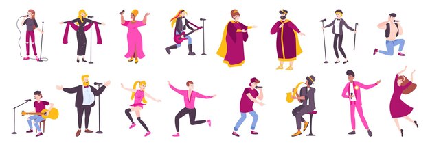 Singer character flat icon set with different types of celebrities and their gender vector illustration