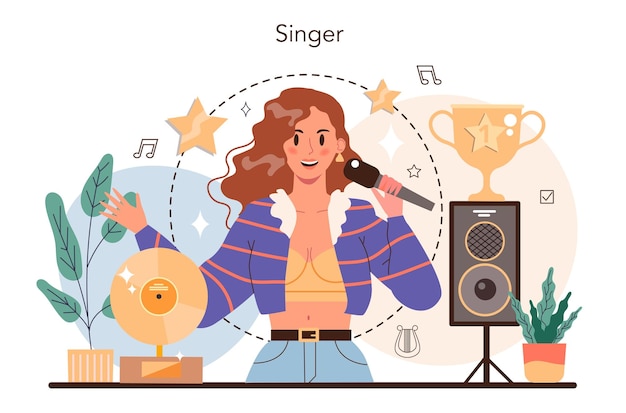 Free vector singer concept performer singing with microphone on stage vocal music show live sound performance vector illustration in flat style