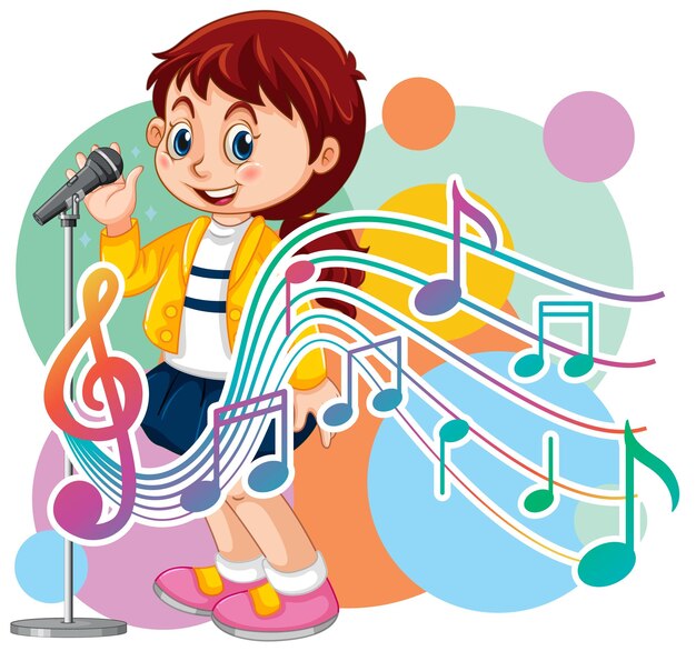 Singer girl cartoon with music melody symbols