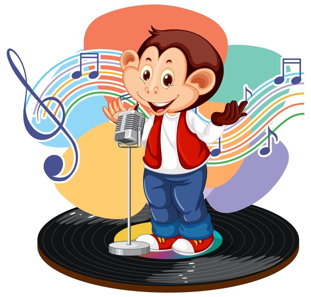 音楽のメロディーのシンボルと歌手の猿の漫画