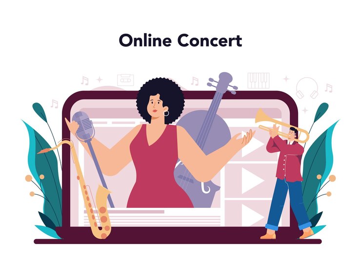 Free Vector singer online service or platform set performer singing with microphone on stage music show live sound performance online concert flat vector illustration