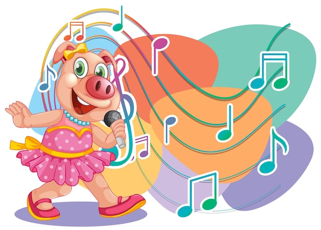 Cartone animato piggy cantante con simboli di melodia musicale