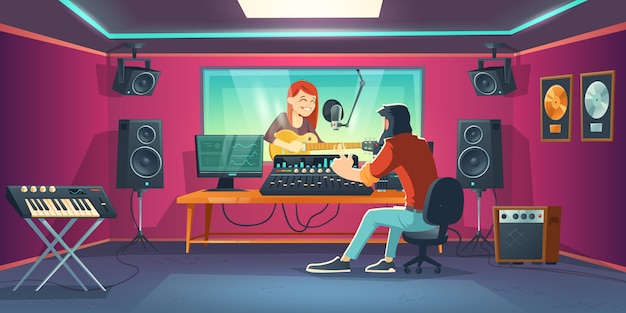 Free vector singer in recording studio, woman in artist booth