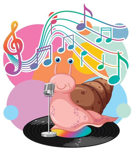 Singer snail with music melody symbols cartoon