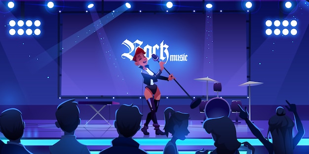 Free vector singer on stage performing rock music concert. woman singing song on scene with microphone, people fans watching show with live instruments, equipment and illumination.