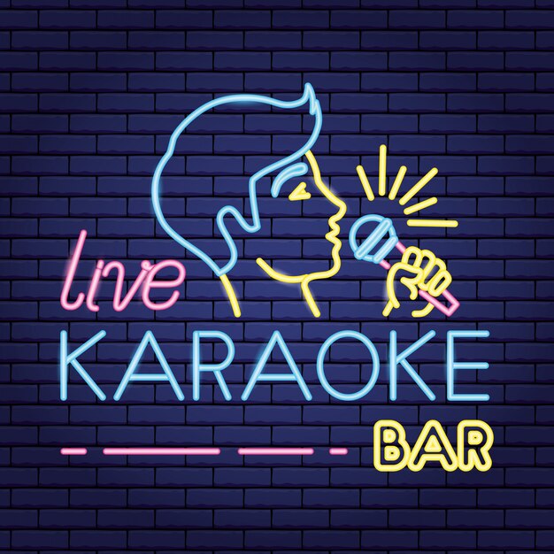 Singer with microphone in neon style like karaoke