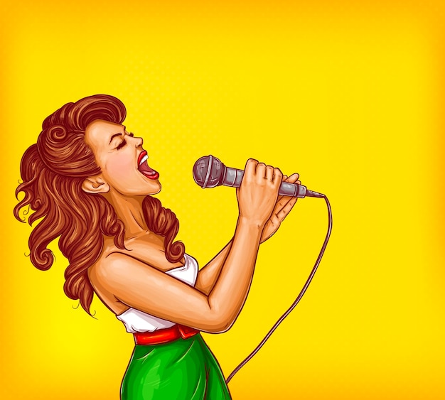 Singing young woman with microphone pop art vector