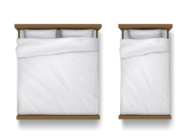흰색 시트, 베개 및 이불이있는 싱글 및 더블 침대