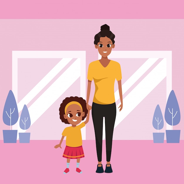 Free vector single mother with children cartoon