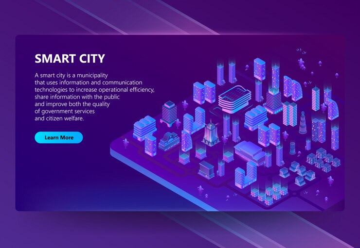 Free Vector site with 3d isometric ultraviolet megapolis