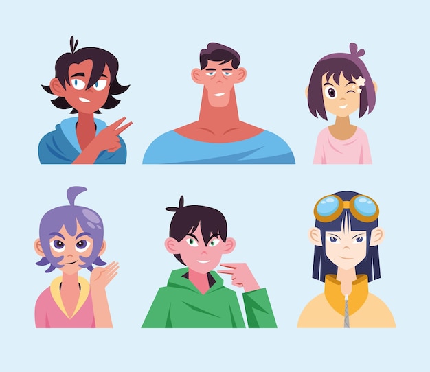 six anime style characters group