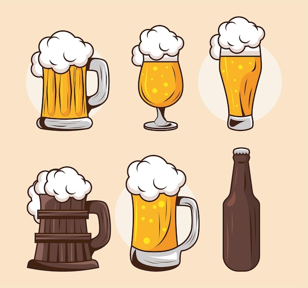 Vettore gratuito sei birre bevande icone impostate