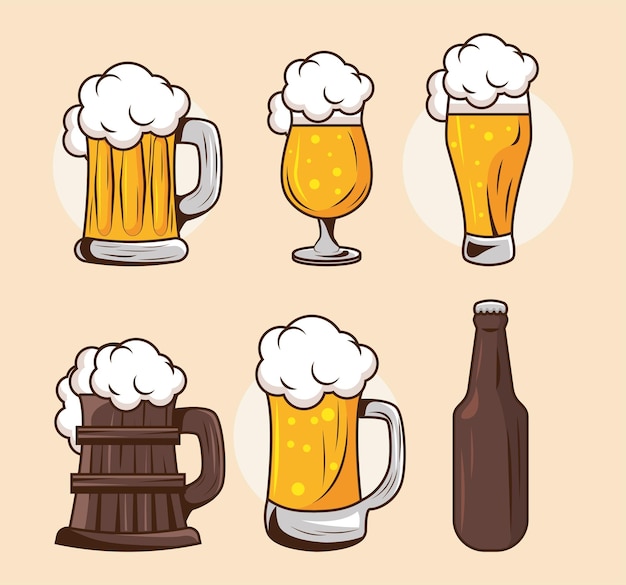 six beers drinks set icons