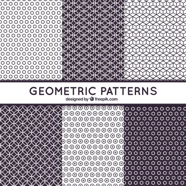 Six black and white patterns with geometric shapes