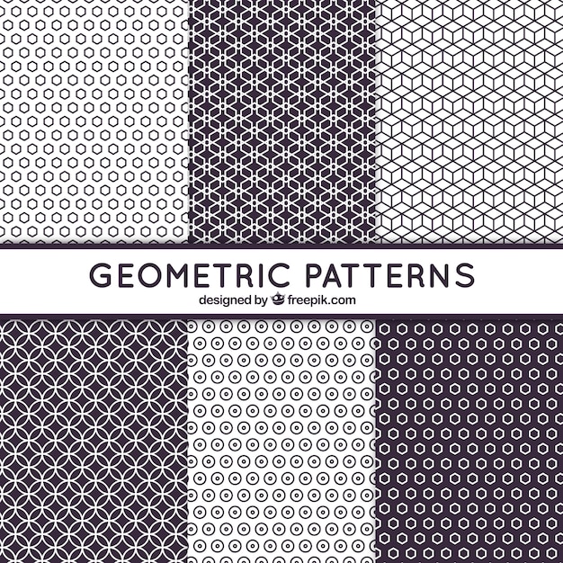 Six black and white patterns with geometric shapes