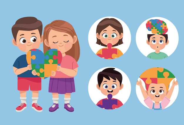 Free vector six children autism day characters