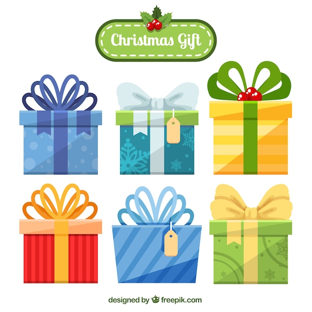 Free vector six christmas gifts with beautiful bows