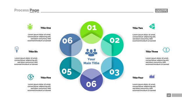 Six circle flowchart slide template. Business data. Graph, diagram