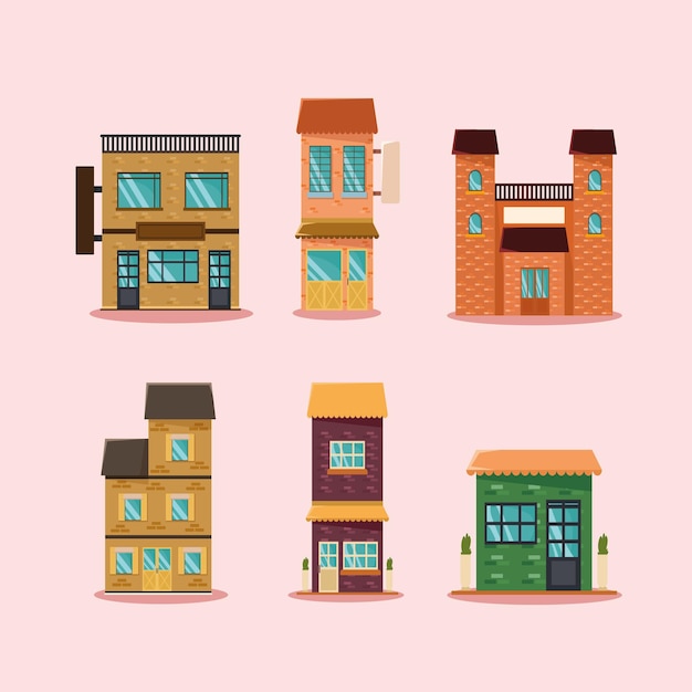 Free vector six city buildings places icons