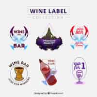 Free vector six colorful wine labels with bottles and glasses